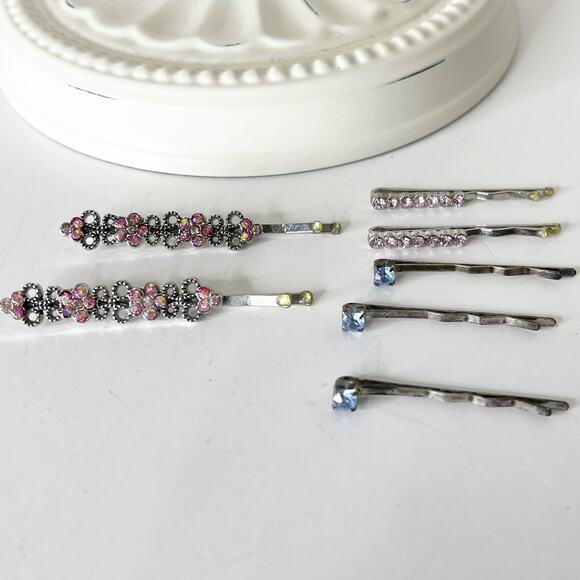 Lot of 7 Vintage Y2K Rhinestone Silver Bobby Pins 90s Fashion Glam Sparkle - Picture 1 of 16